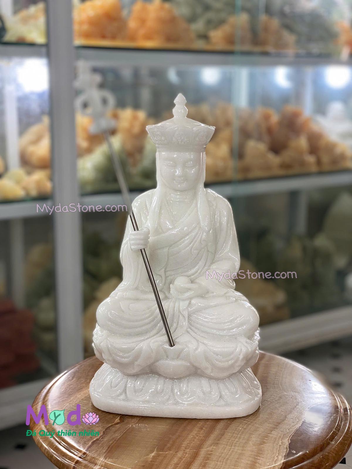 Tượng Phật Địa Tạng ngồi đài sen đá Cẩm Thạch Trắng