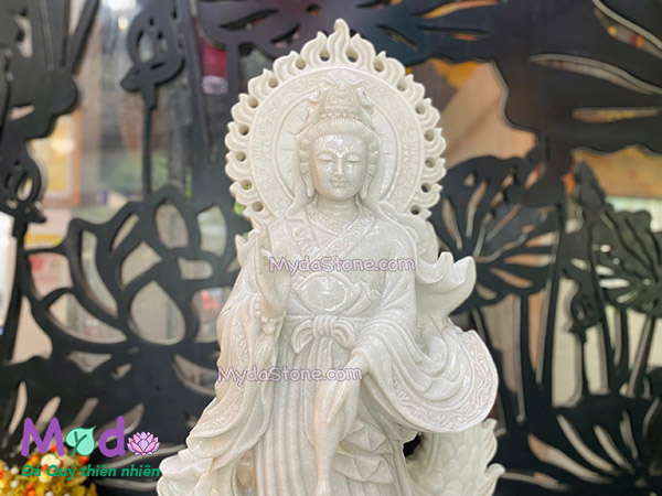 Tượng Phật Quan Âm cưỡi rồng đá Cẩm Thạch Trắng