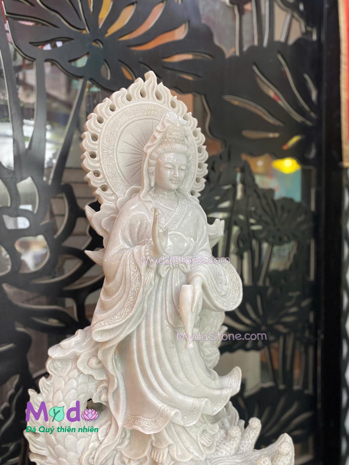 Tượng Phật Quan Âm cưỡi rồng đá Cẩm Thạch Trắng