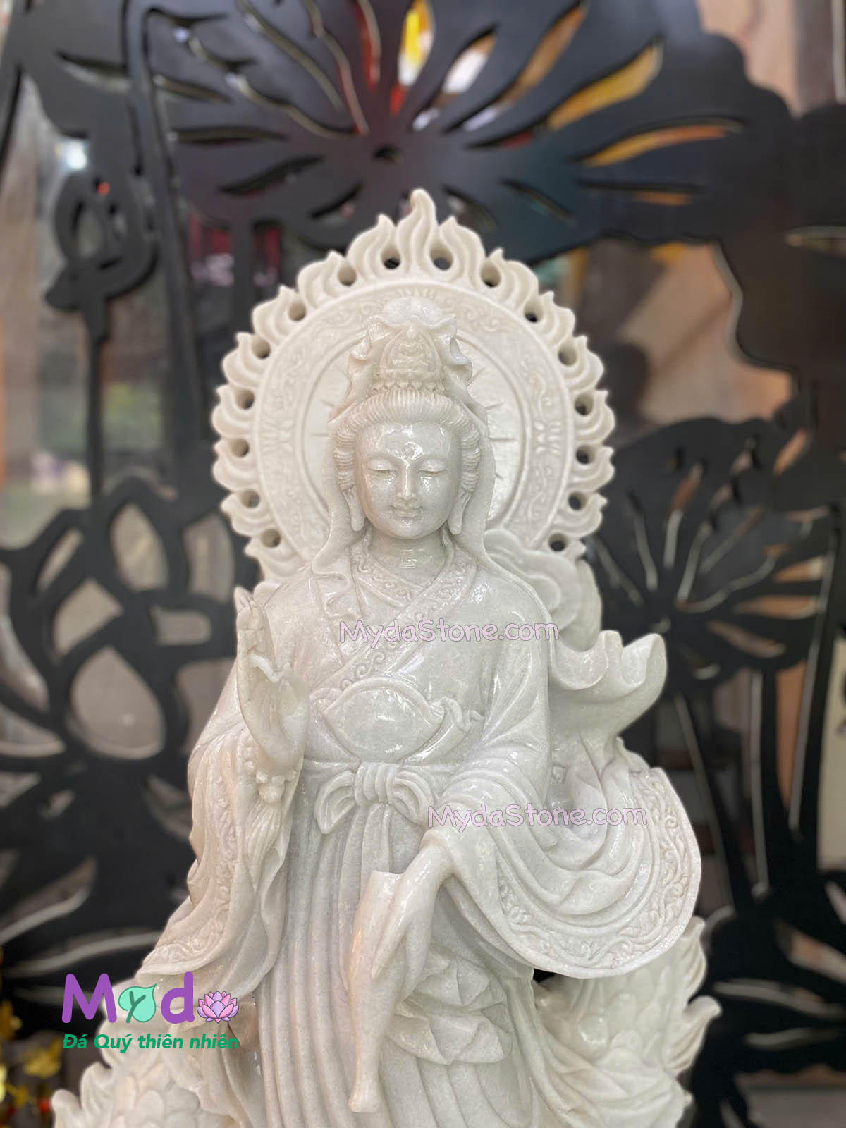 Tượng Phật Quan Âm cưỡi rồng đá Cẩm Thạch Trắng