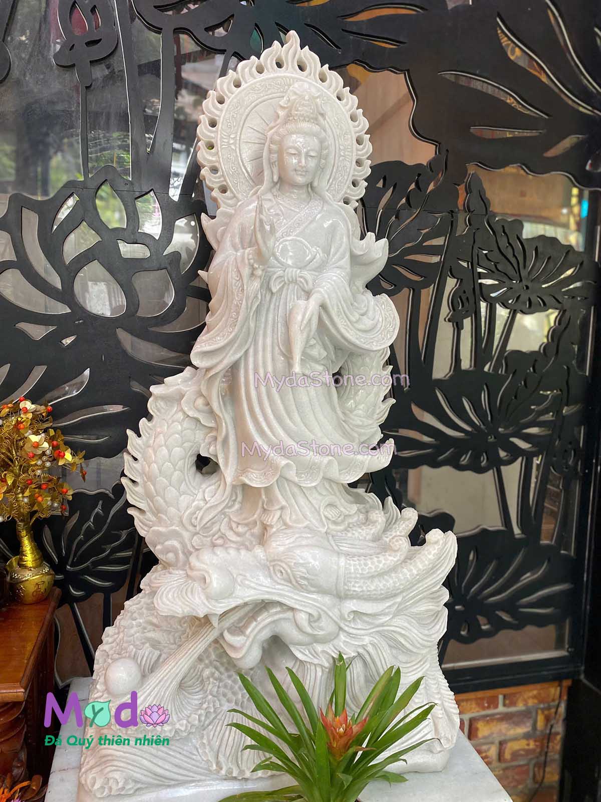 Tượng Phật Quan Âm cưỡi rồng đá Cẩm Thạch Trắng