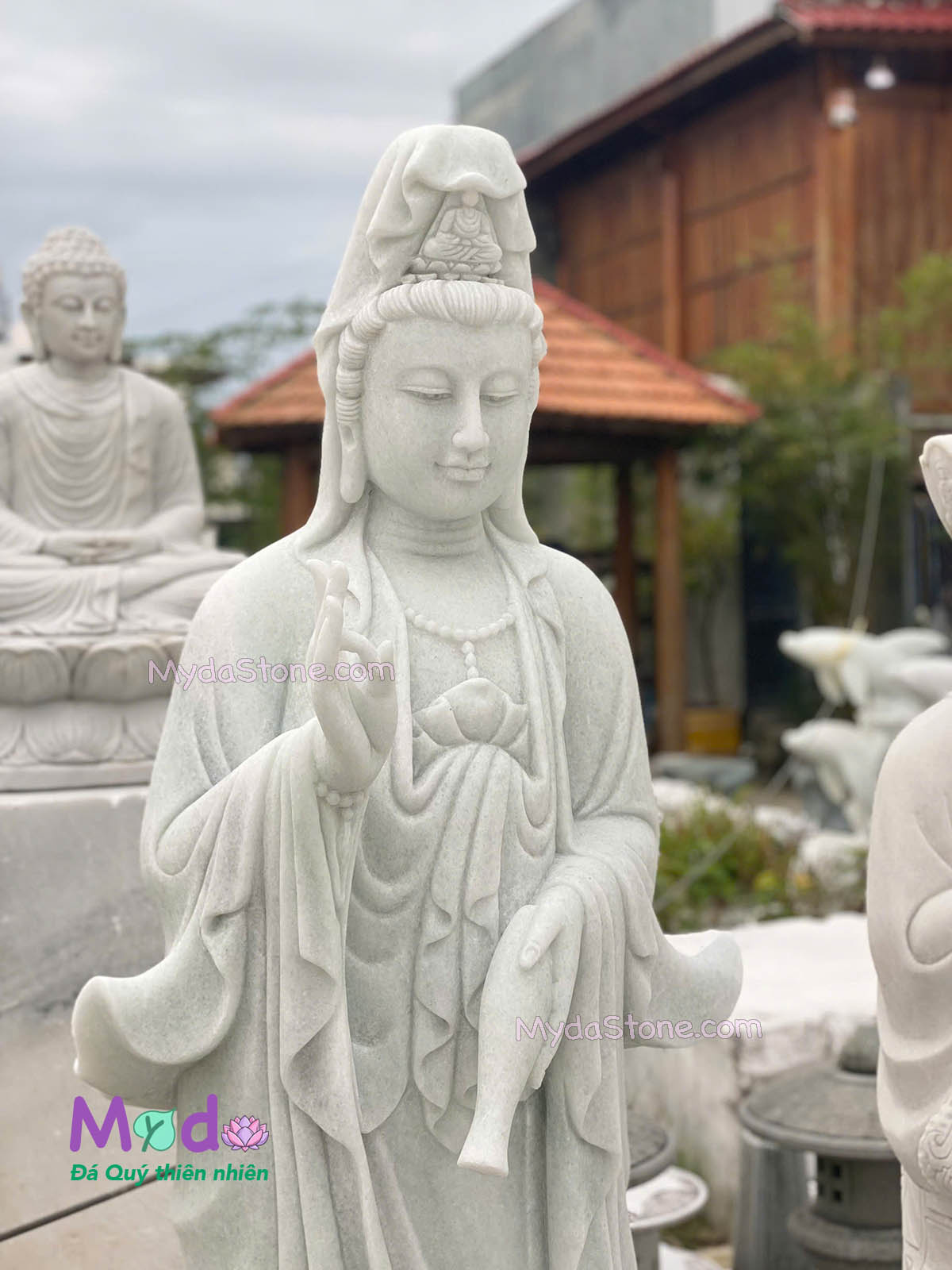 Tượng Phật Quan Âm đứng đài sen đá Cẩm Thạch Trắng