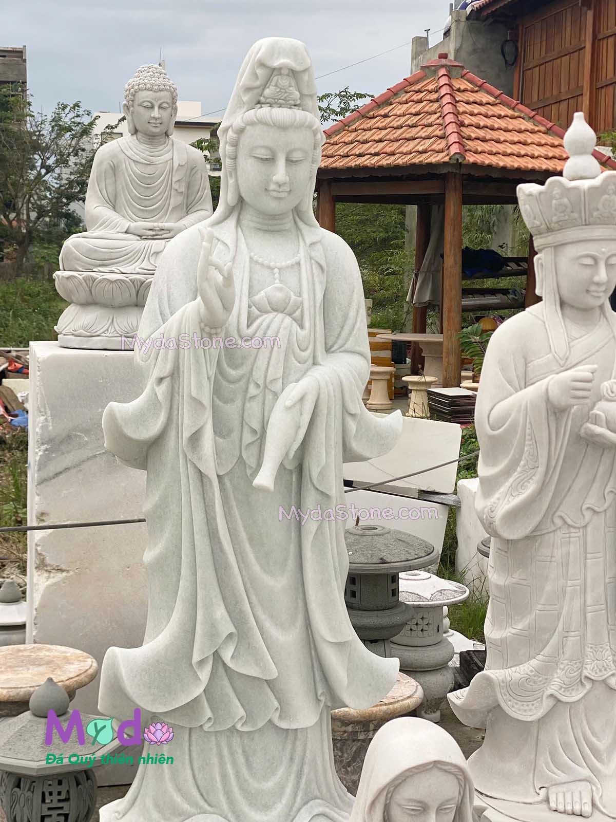 Tượng Phật Quan Âm đứng đài sen đá Cẩm Thạch Trắng