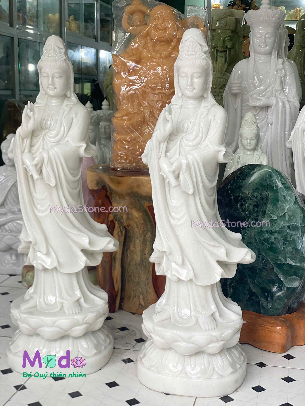 Tượng Phật Quan Âm đứng đài sen đá Cẩm Thạch Trắng