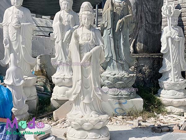 Tượng Phật Quan Âm đứng đài sen đá Cẩm Thạch Trắng