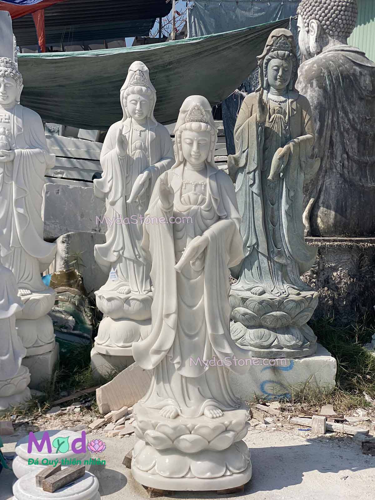 Tượng Phật Quan Âm đứng đài sen đá Cẩm Thạch Trắng