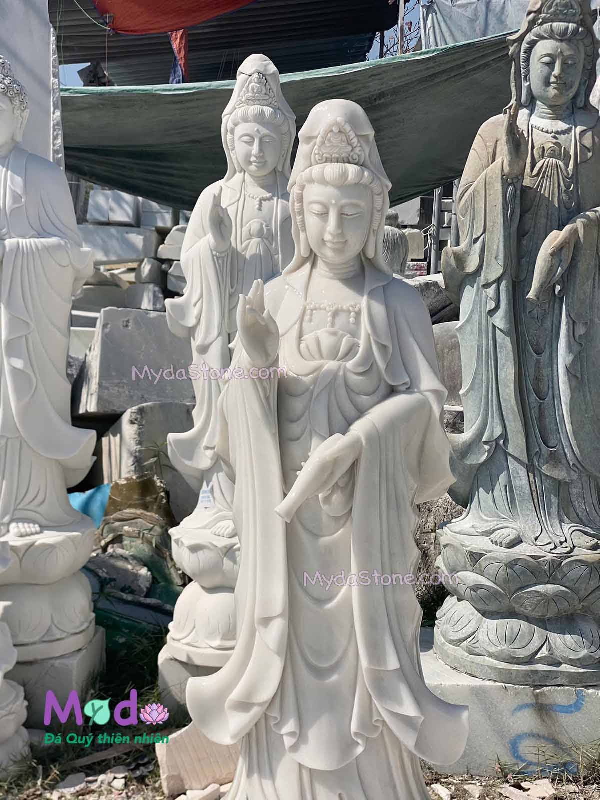 Tượng Phật Quan Âm đứng đài sen đá Cẩm Thạch Trắng
