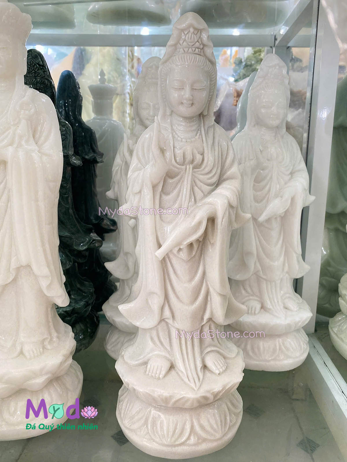 Tượng Phật Quan Âm đứng đài sen đá Cẩm Thạch Trắng