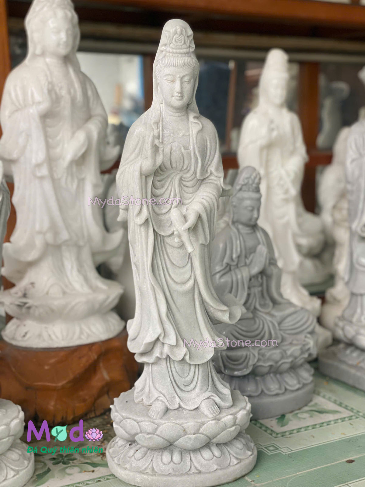 Tượng Phật Quan Âm đứng đài sen đá Cẩm Thạch Trắng Xanh