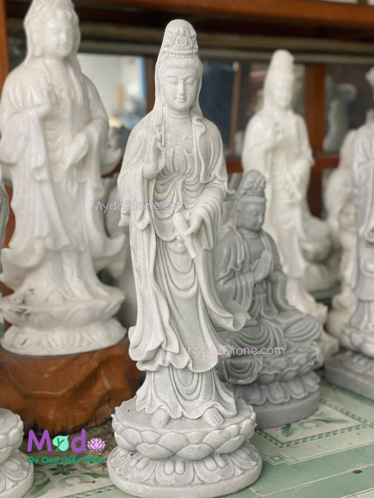 Tượng Phật Quan Âm đứng đài sen đá Cẩm Thạch Trắng Xanh