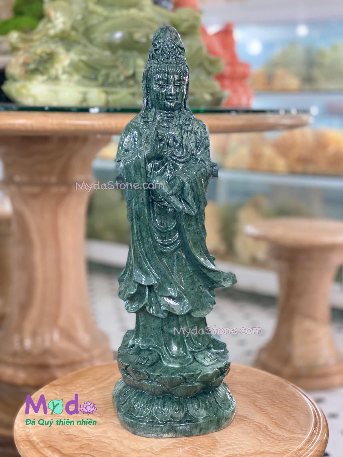 Tượng Quan Âm đứng đài sen đá Xanh Ấn Độ
