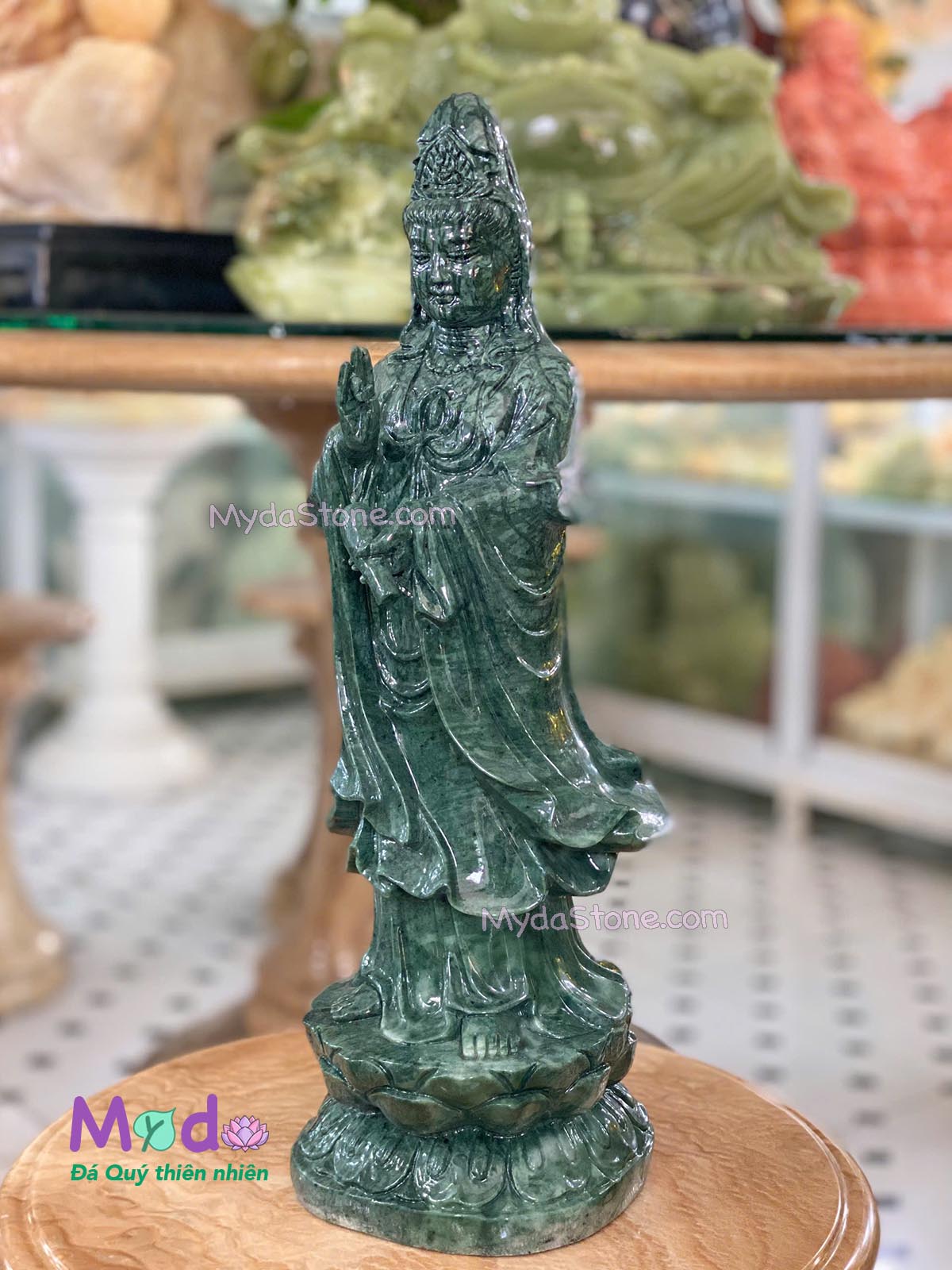 Tượng Quan Âm đứng đài sen đá Xanh Ấn Độ