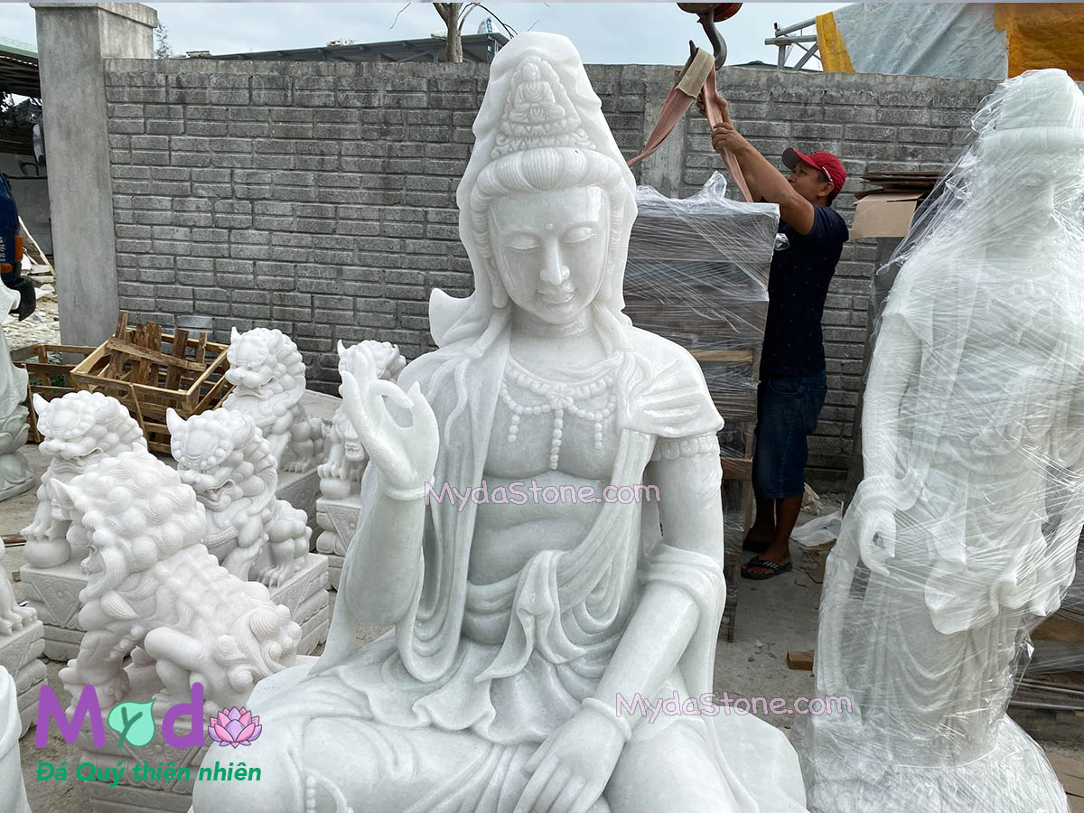 Tượng Phật Quan Âm hoá thân đá Cẩm Thạch Trắng Xanh
