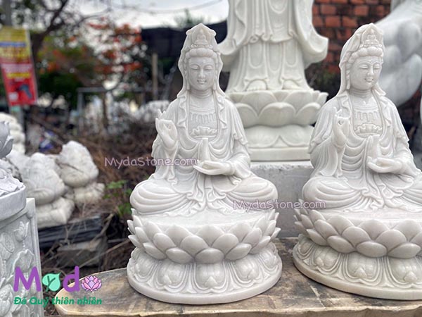 Tượng Phật Quan Âm ngồi đài sen đá Cẩm Thạch Trắng