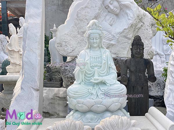 Tượng Phật Quan Âm ngồi đài sen đá Cẩm Thạch Trắng Xanh