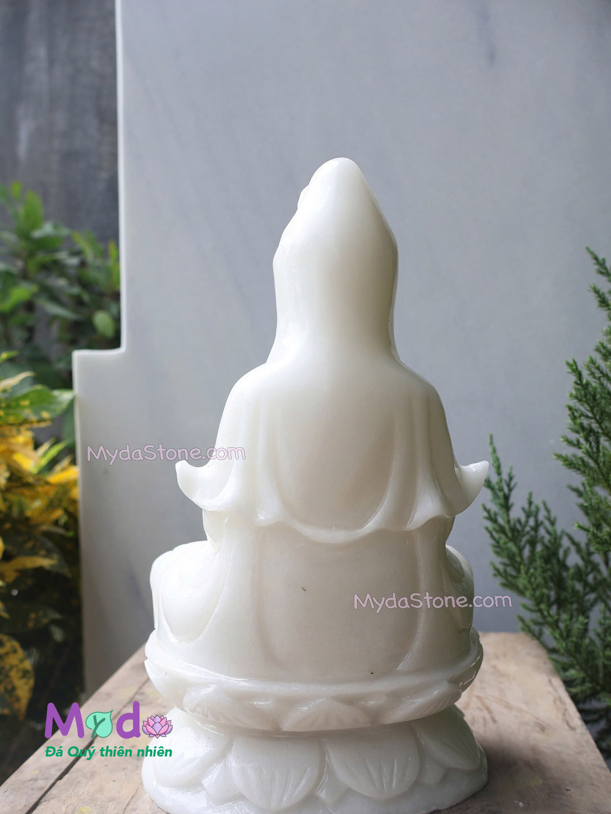 Tượng Phật Quan Âm ngồi đài sen đá Cẩm Thạch Trắng