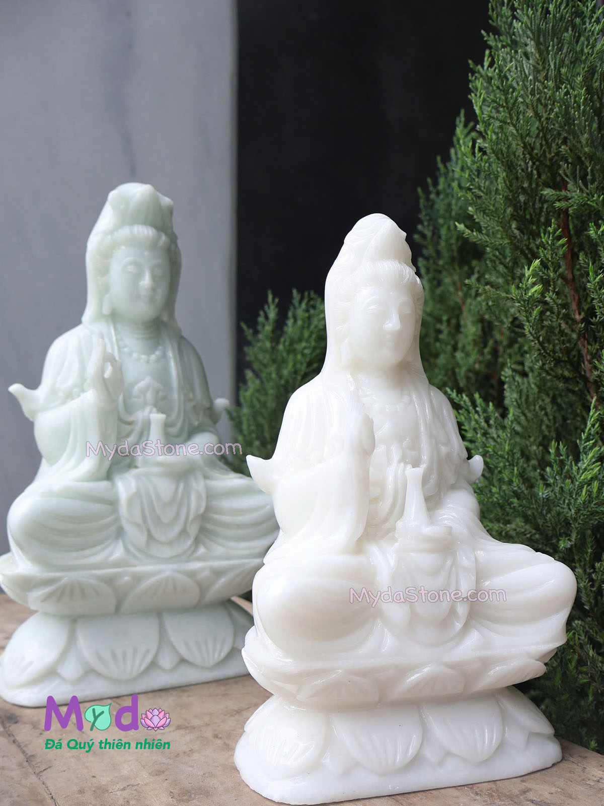 Tượng Phật Quan Âm ngồi đài sen đá Cẩm Thạch Trắng
