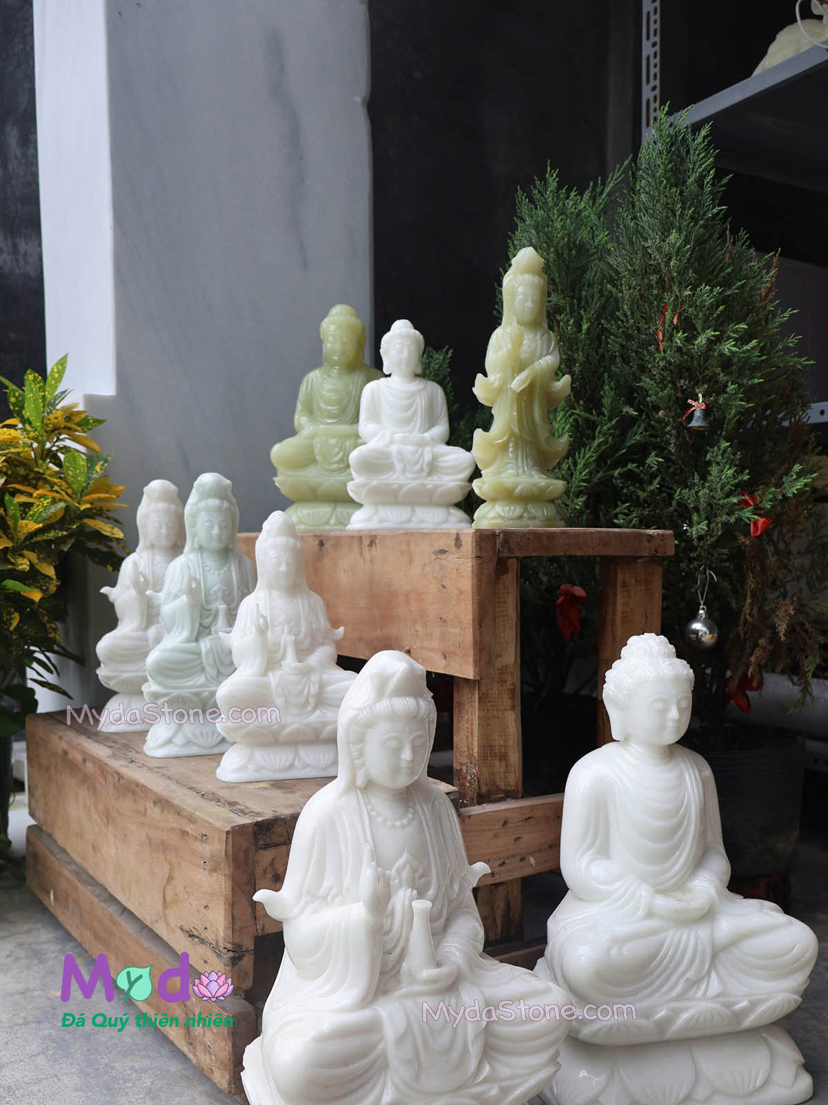 Tượng Phật Quan Âm ngồi đài sen đá Cẩm Thạch Trắng