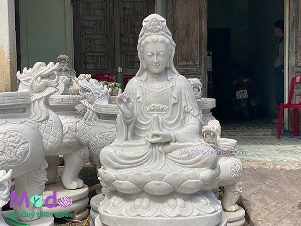 Tượng Phật Quan Âm ngồi đài sen đá Cẩm Thạch Trắng