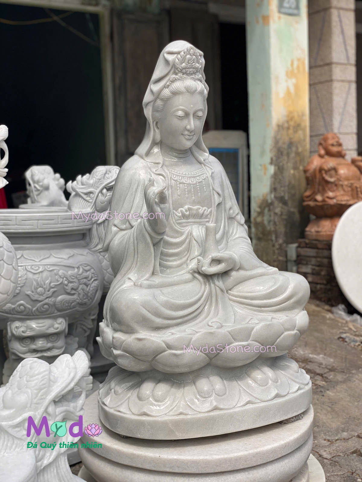 Tượng Phật Quan Âm ngồi đài sen đá Cẩm Thạch Trắng