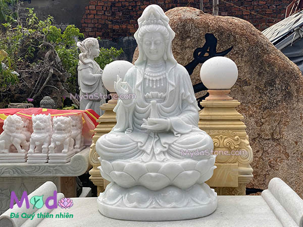 Tượng Phật Quan Âm ngồi đài sen đá Cẩm Thạch Trắng
