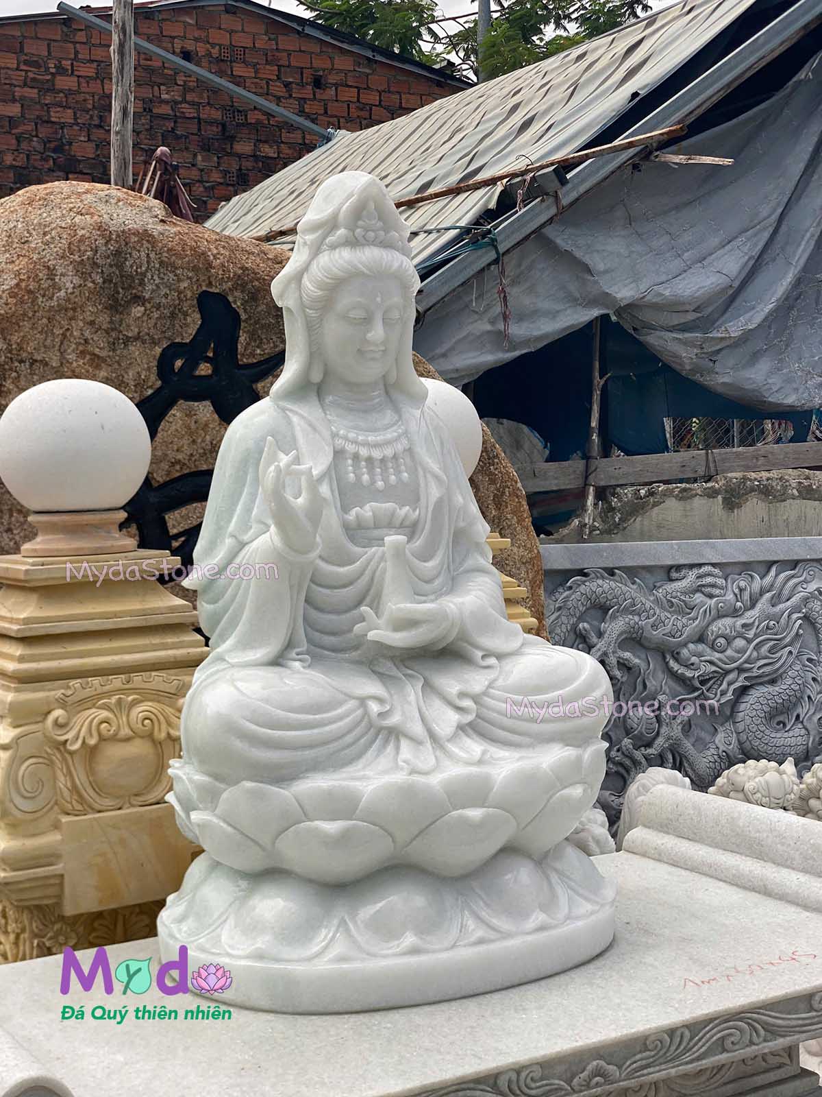 Tượng Phật Quan Âm ngồi đài sen đá Cẩm Thạch Trắng