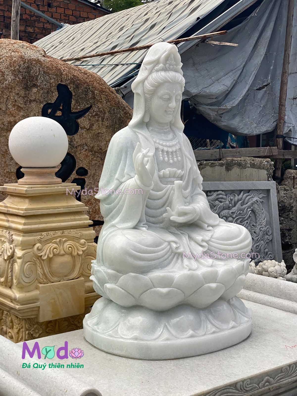 Tượng Phật Quan Âm ngồi đài sen đá Cẩm Thạch Trắng