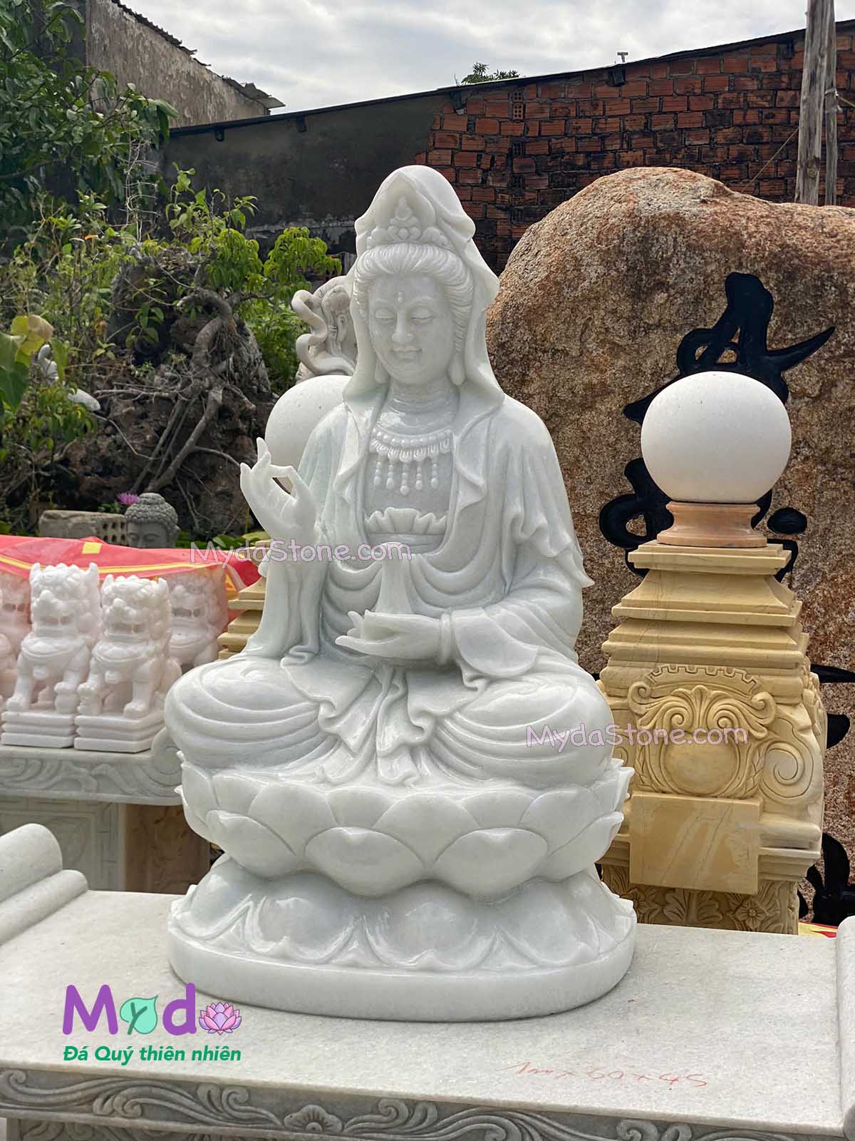 Tượng Phật Quan Âm ngồi đài sen đá Cẩm Thạch Trắng