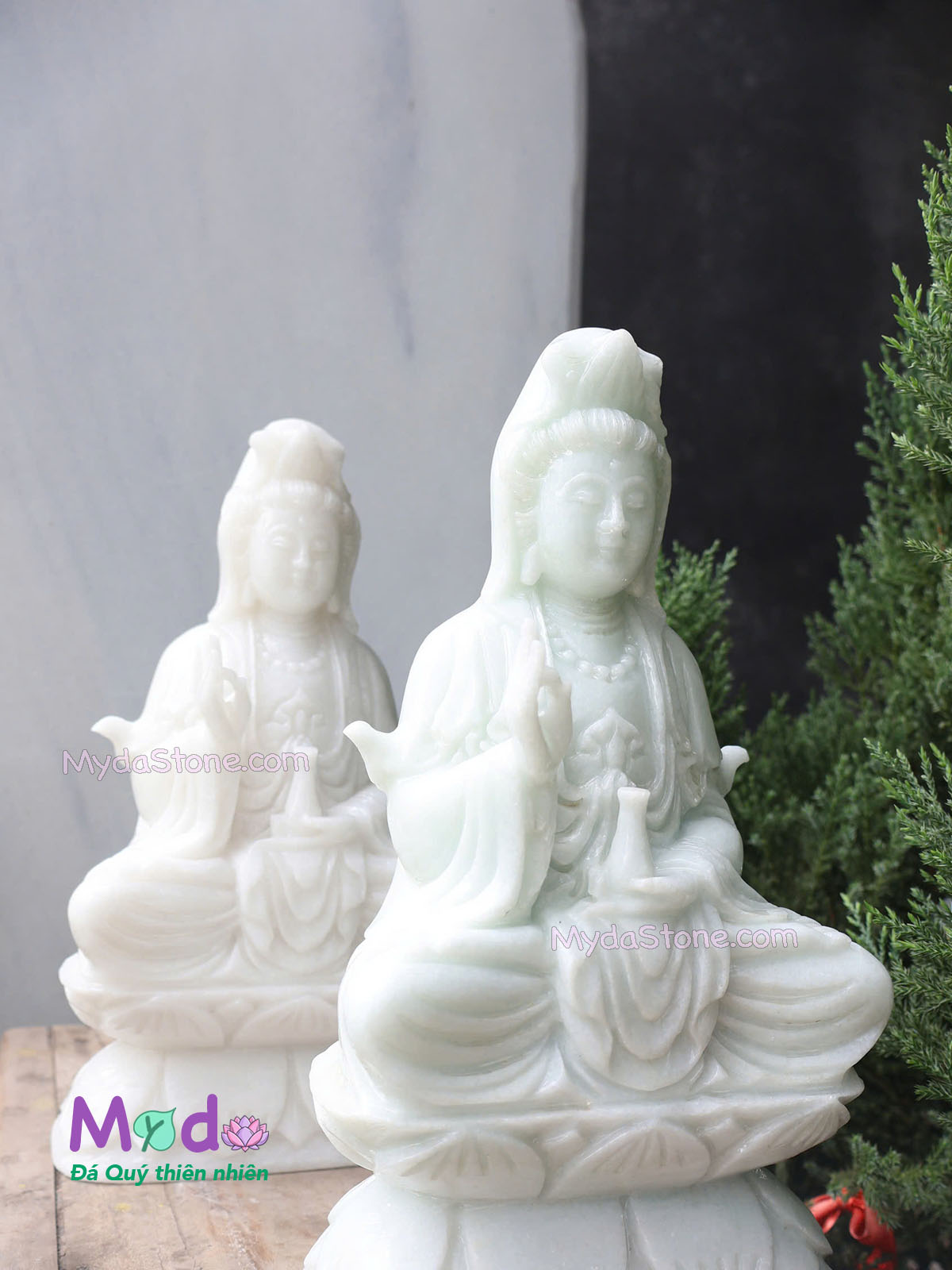 Tượng Phật Quan Âm ngồi đài sen đá Cẩm Thạch Trắng Xanh
