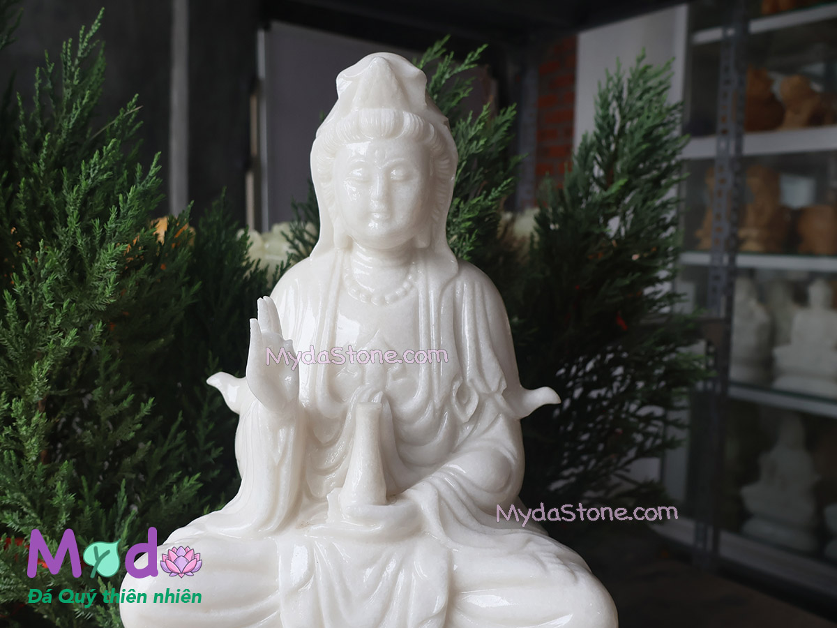 Tượng Phật Quan Âm ngồi đài sen bằng đá Cẩm Thạch Trắng