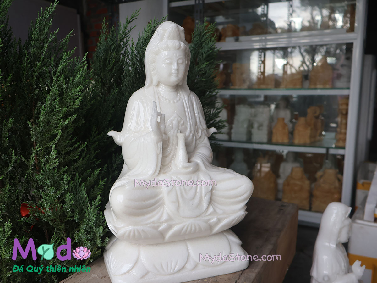 Tượng Phật Quan Âm ngồi đài sen bằng đá Cẩm Thạch Trắng