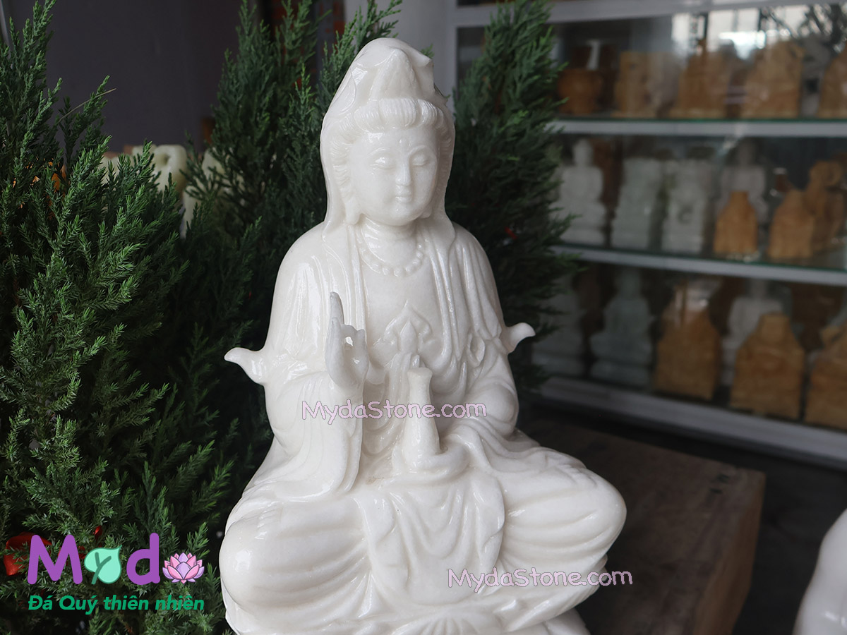 Tượng Phật Quan Âm ngồi đài sen bằng đá Cẩm Thạch Trắng