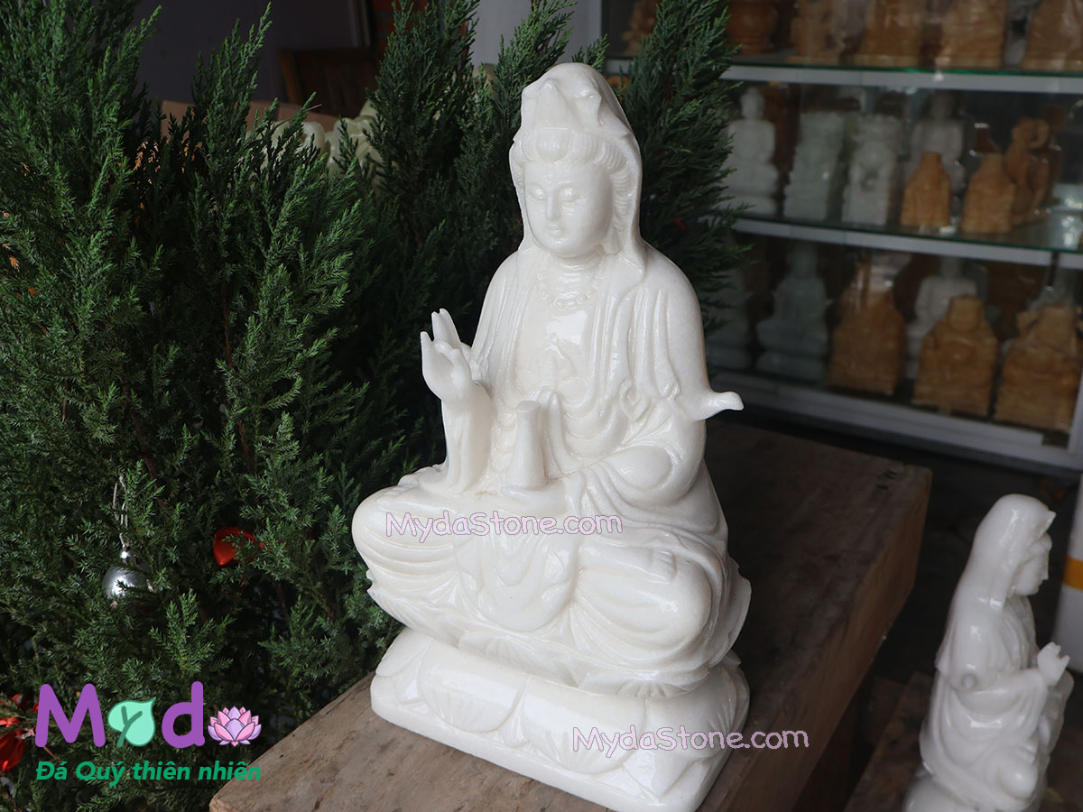 Tượng Phật Quan Âm ngồi đài sen bằng đá Cẩm Thạch Trắng