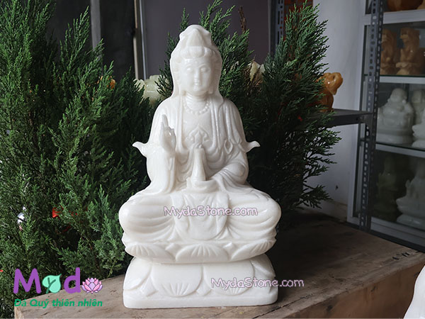 Tượng Phật Quan Âm ngồi đài sen bằng đá Cẩm Thạch Trắng