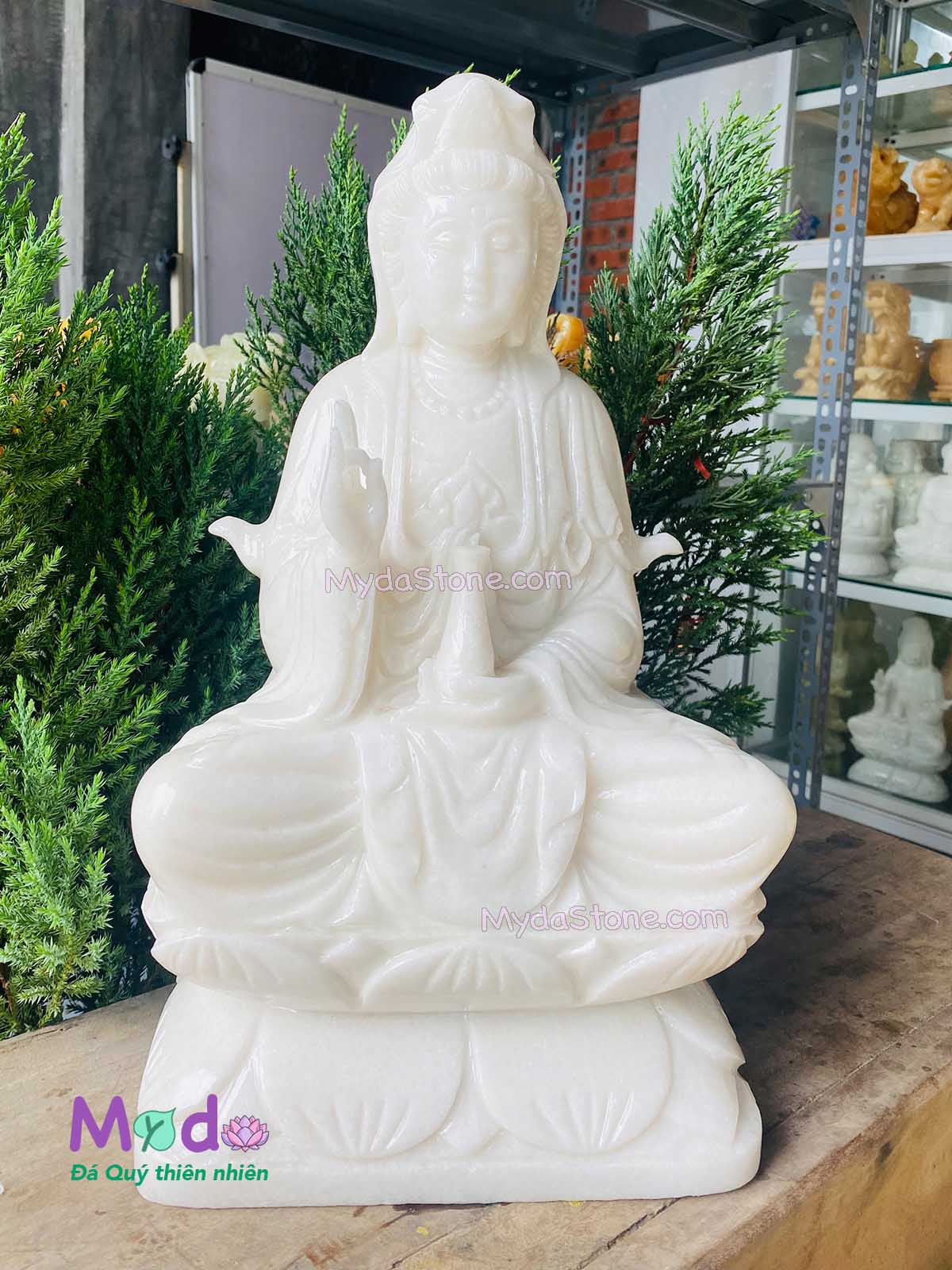 Tượng Phật Quan Âm ngồi đài sen bằng đá Cẩm Thạch Trắng
