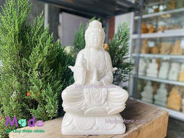 Tượng Phật Quan Âm ngồi đài sen bằng đá Cẩm Thạch Trắng
