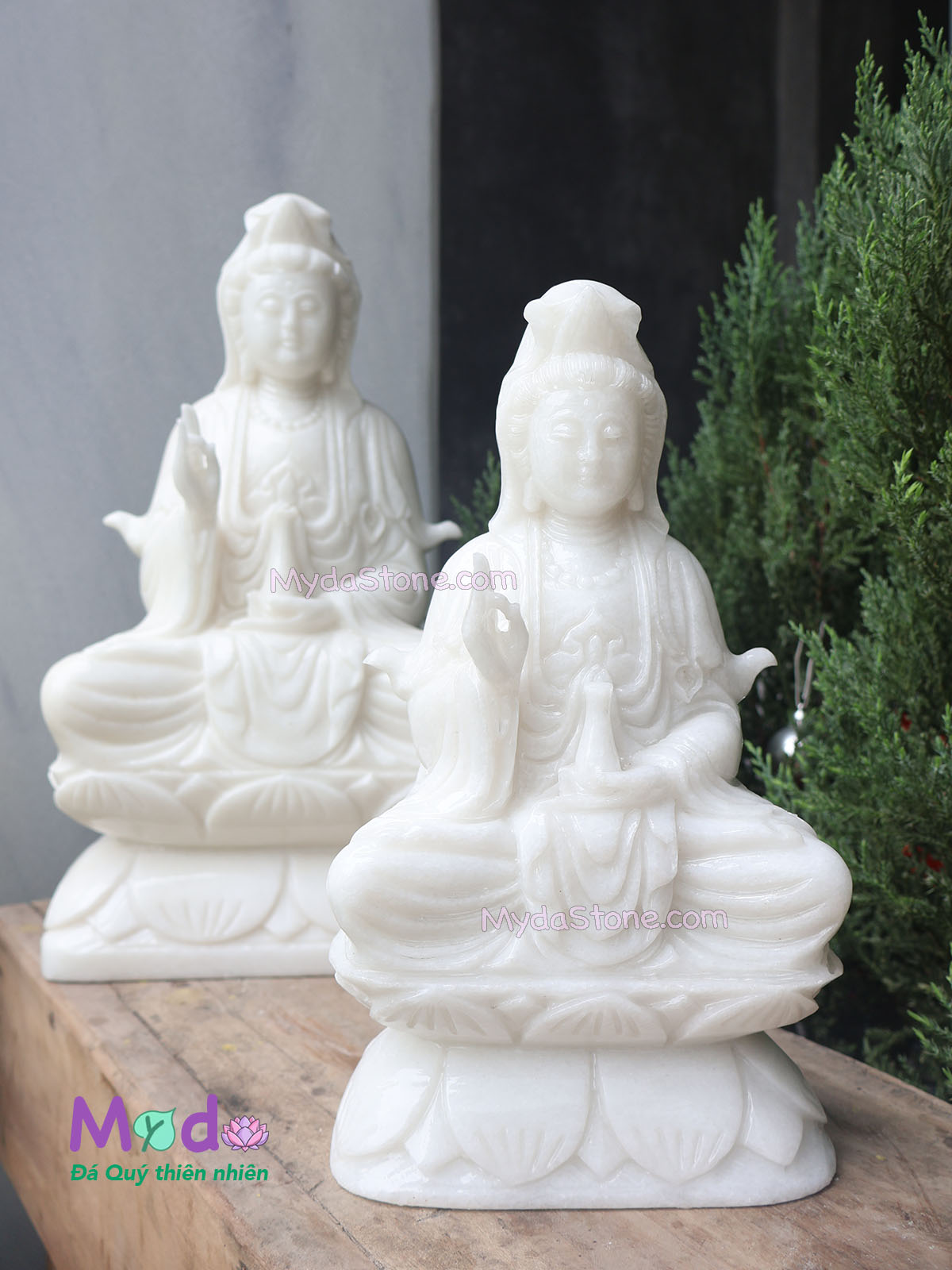 Tượng Phật Quan Âm ngồi đài sen bằng đá Cẩm Thạch Trắng