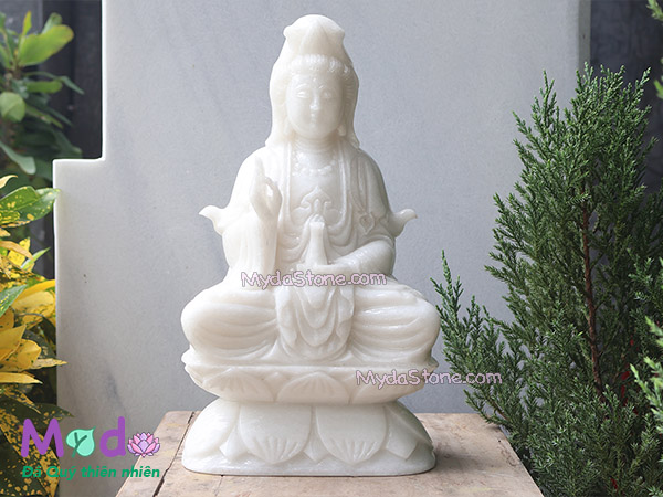 Tượng Phật Quan Âm ngồi đài sen bằng đá Cẩm Thạch Trắng