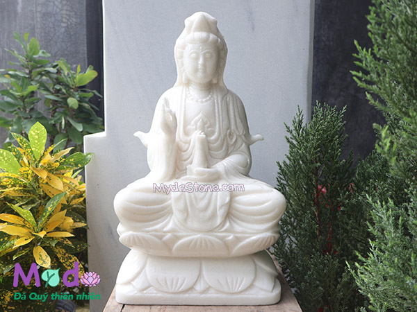 Tượng Phật Quan Âm ngồi đài sen bằng đá Cẩm Thạch Trắng