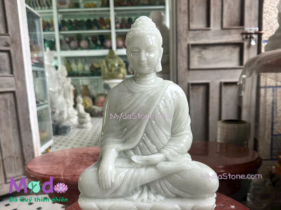 Tượng Phật Thích Ca ngồi đài sen đá Cẩm Thạch Trắng