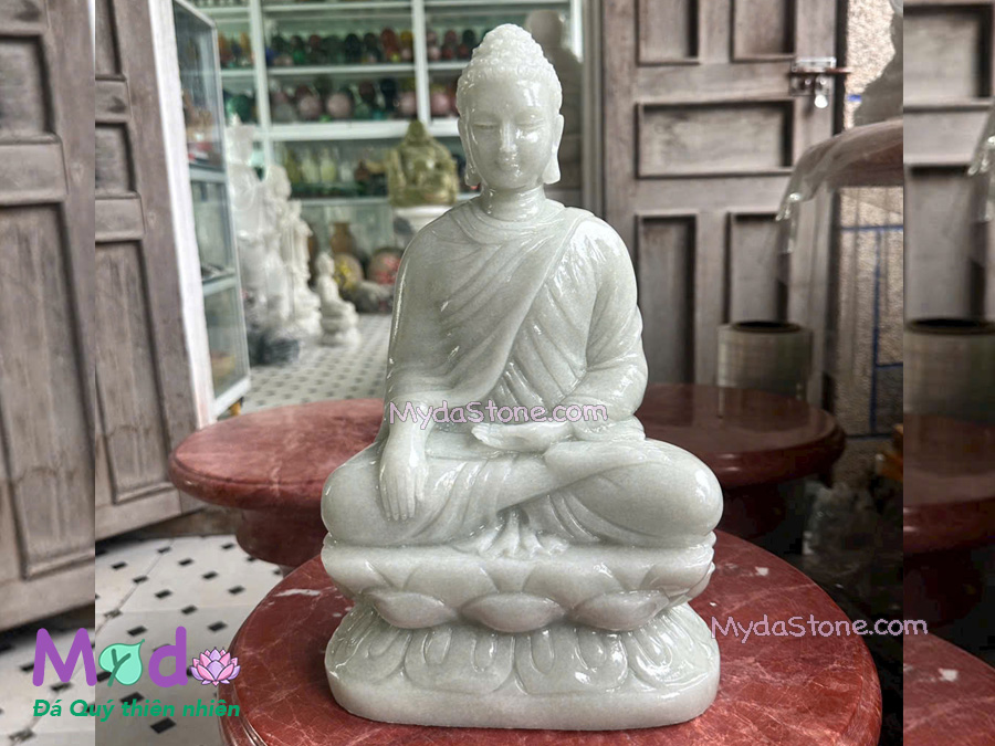 Tượng Phật Thích Ca ngồi đài sen đá Cẩm Thạch Trắng