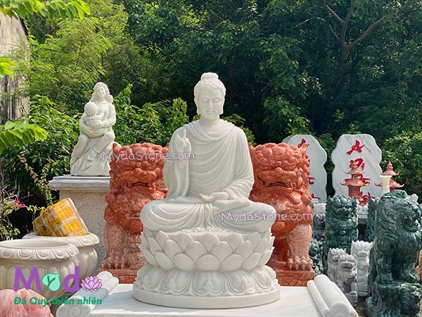 Tượng Phật Thích Ca ngồi đài sen đá Cẩm Thạch Trắng
