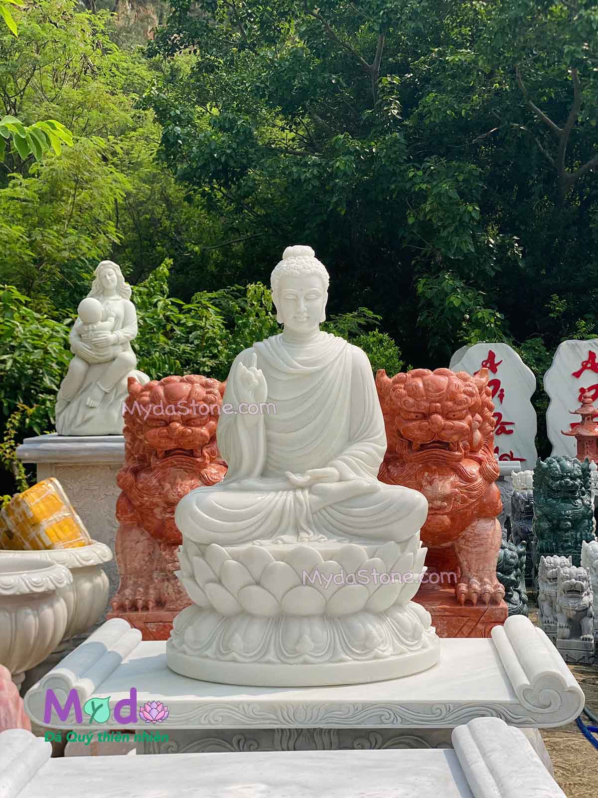 Tượng Phật Thích Ca ngồi đài sen đá Cẩm Thạch Trắng