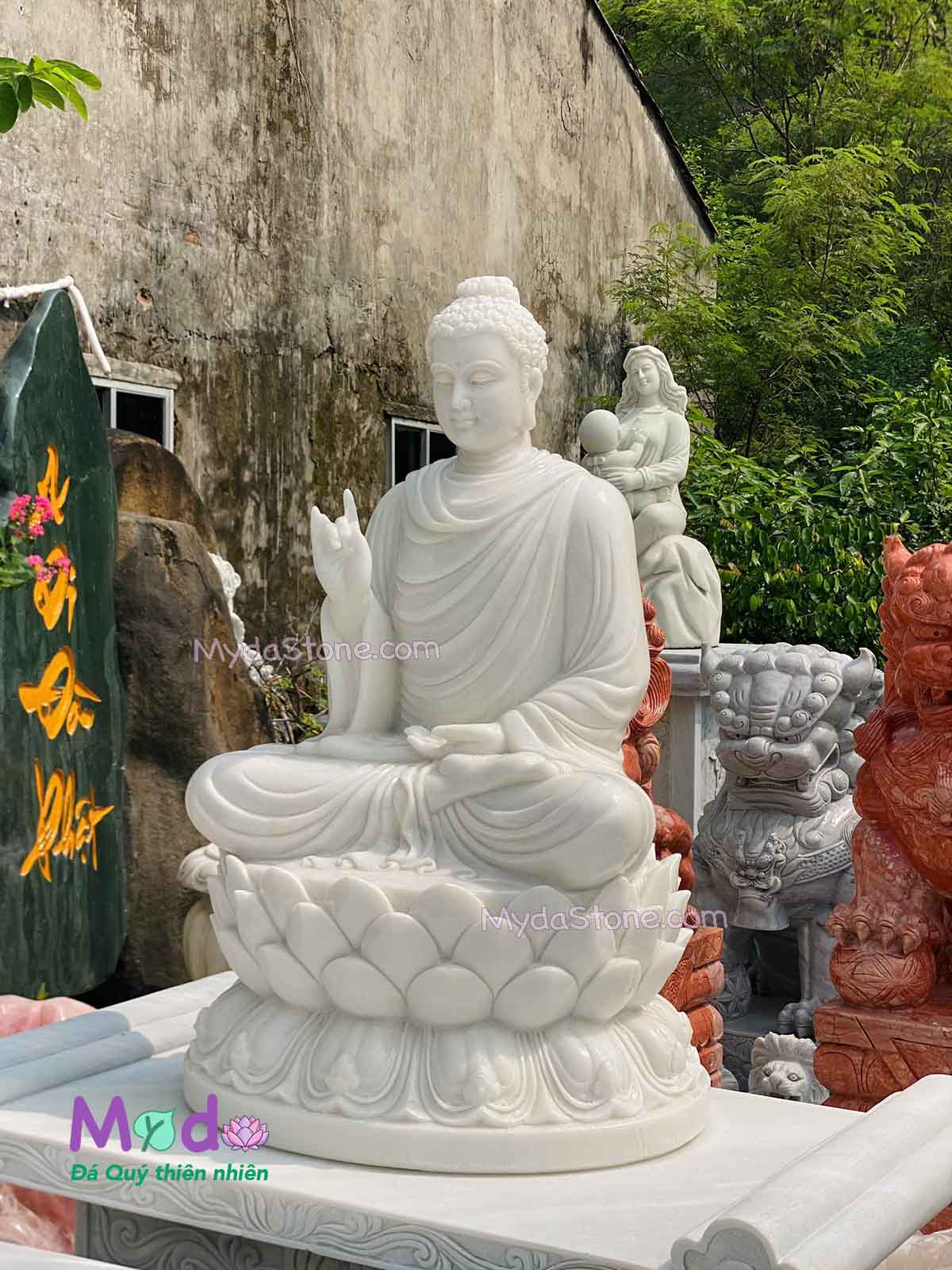 Tượng Phật Thích Ca ngồi đài sen đá Cẩm Thạch Trắng