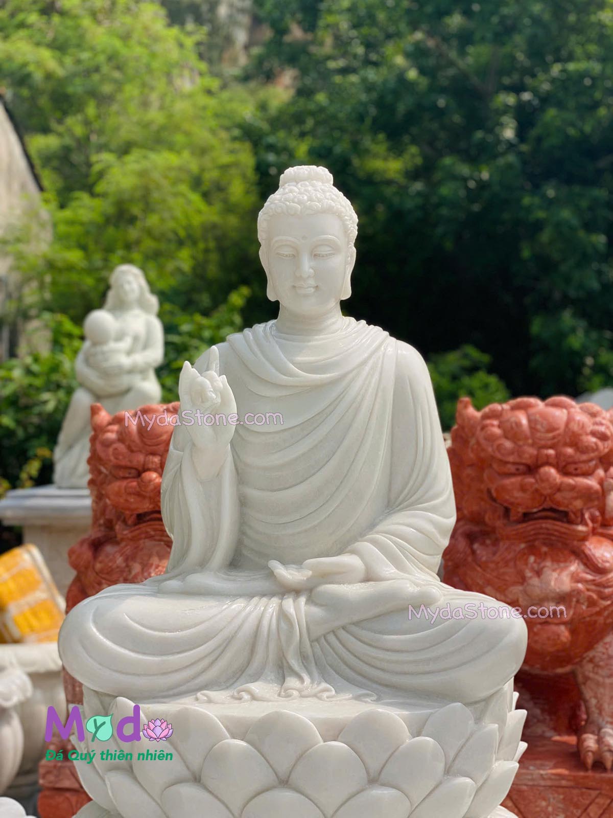 Tượng Phật Thích Ca ngồi đài sen đá Cẩm Thạch Trắng