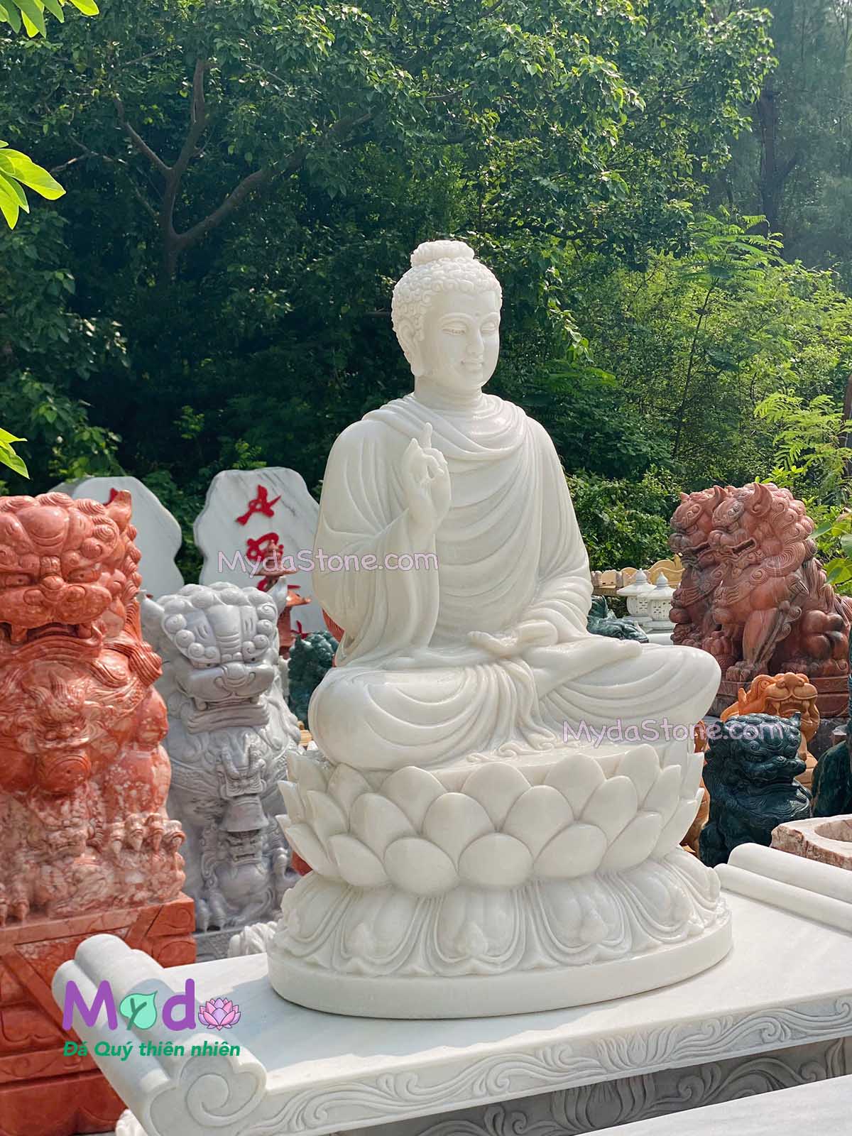 Tượng Phật Thích Ca ngồi đài sen đá Cẩm Thạch Trắng