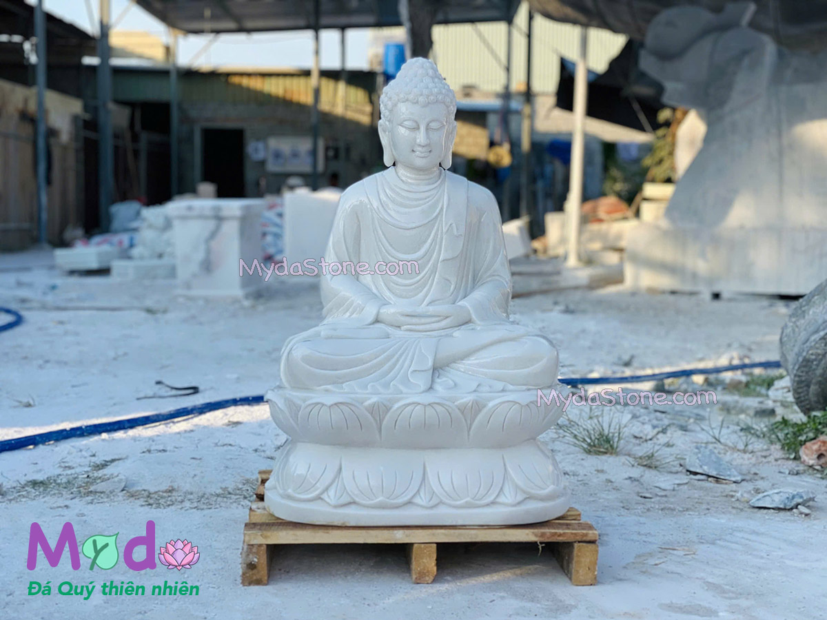 Tượng Phật Thích Ca ngồi đài sen đá Cẩm Thạch Trắng