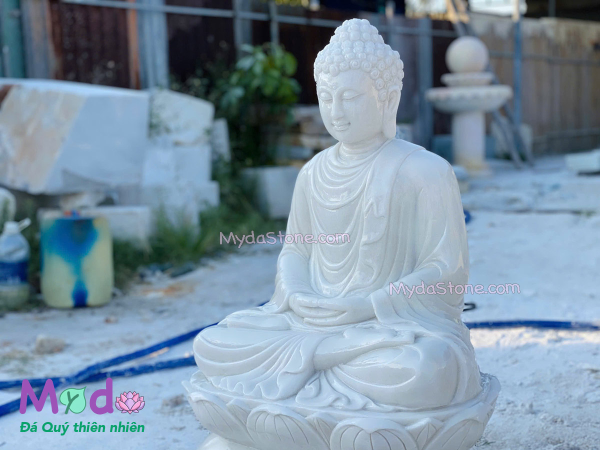 Tượng Phật Thích Ca ngồi đài sen đá Cẩm Thạch Trắng