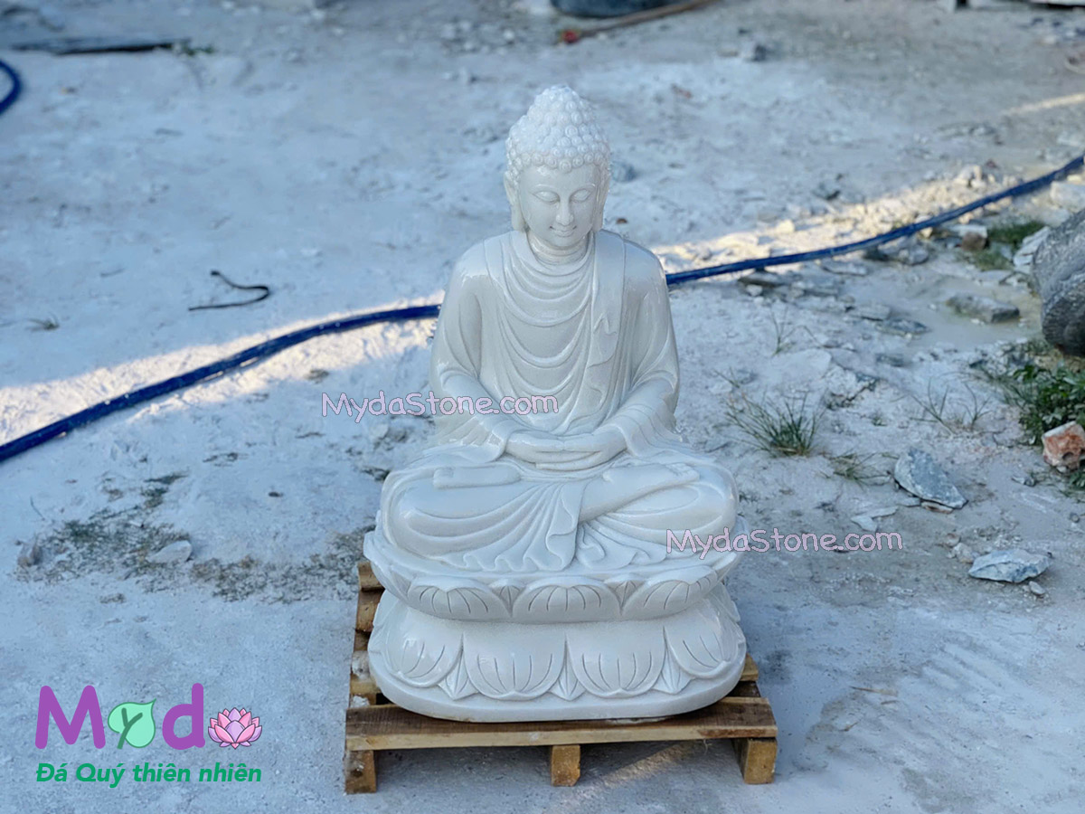 Tượng Phật Thích Ca ngồi đài sen đá Cẩm Thạch Trắng