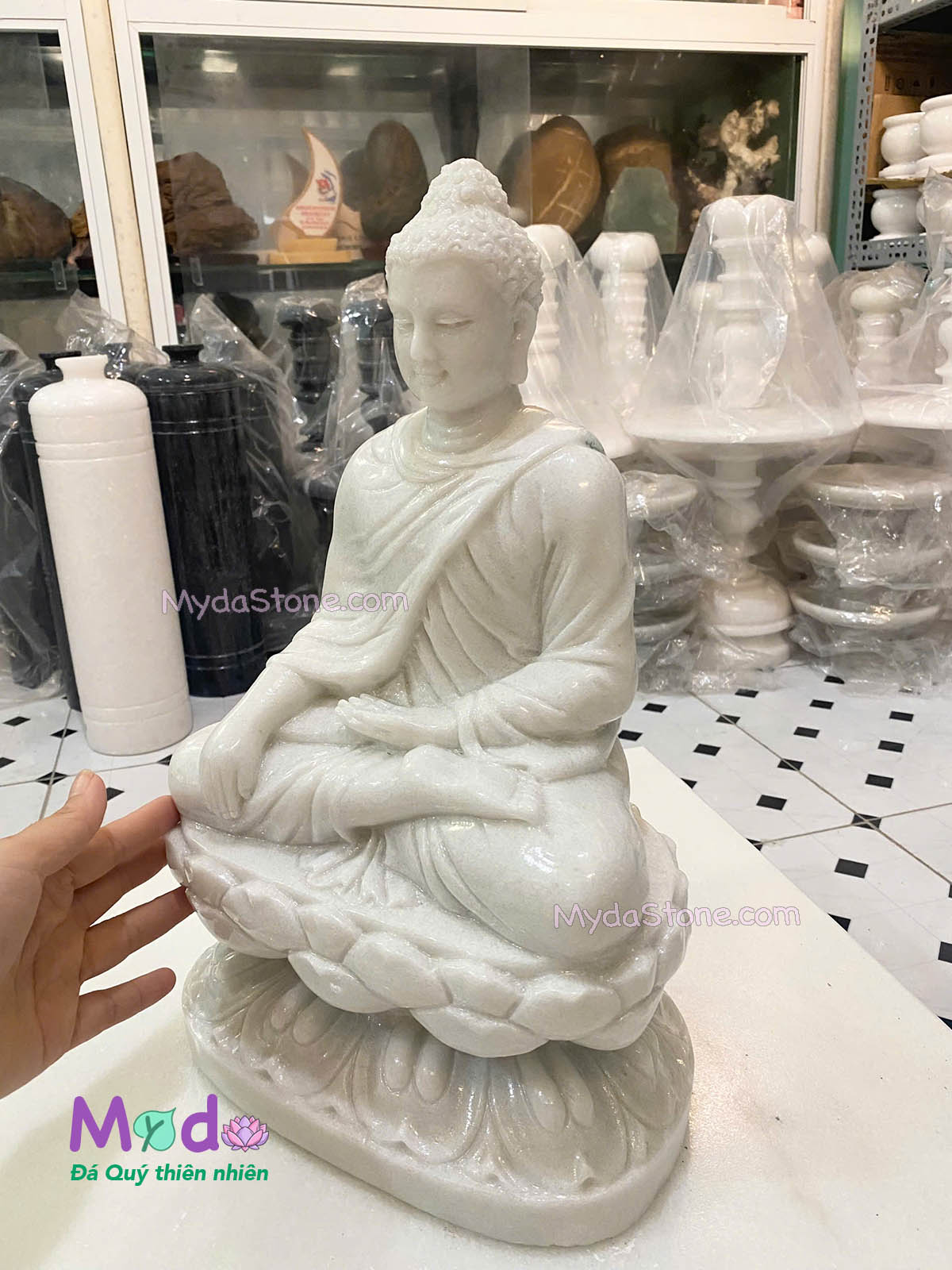 Tượng Phật Thích Ca ngồi đài sen đá Cẩm Thạch Trắng